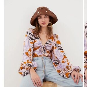For Love & Lemons Rust, Lilac & White Floral Tie-Front Blouse